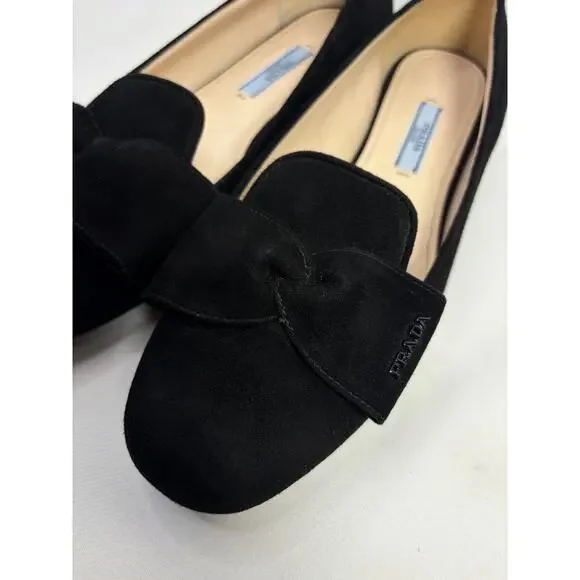 PRADA Black Suede Prada Signature Logo Bow Flat Slipper Shoes Size 37.5 - Picture 4 of 10